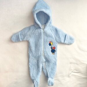 Vtg Paddington Baby Blue Fuzzy Sherpa Hooded Footie Outfit 0-6M bodysuit snow